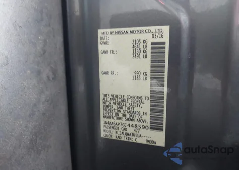 2016 Nissan Maxima 3.5 S z USA, uszkodzony, nr VIN 1N4AA6AP7GC448590